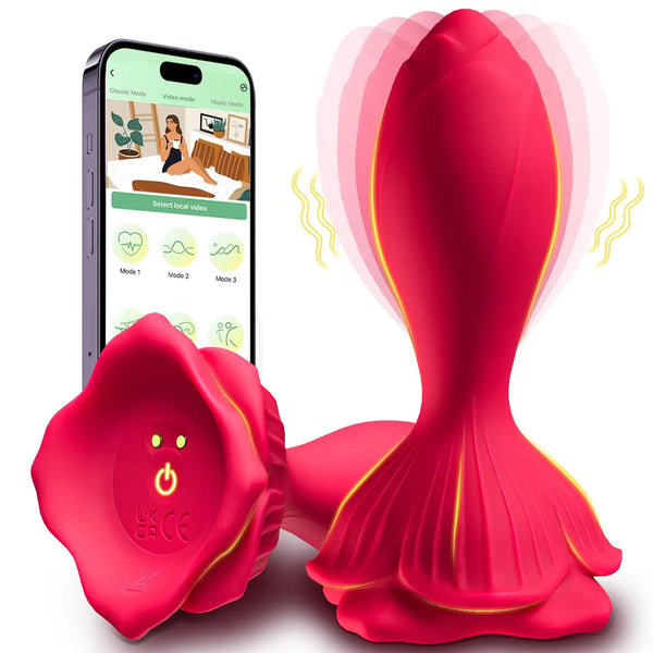 Rose Vibrating Butt Plug - 9 lägen, APP-kontroll, vattentät