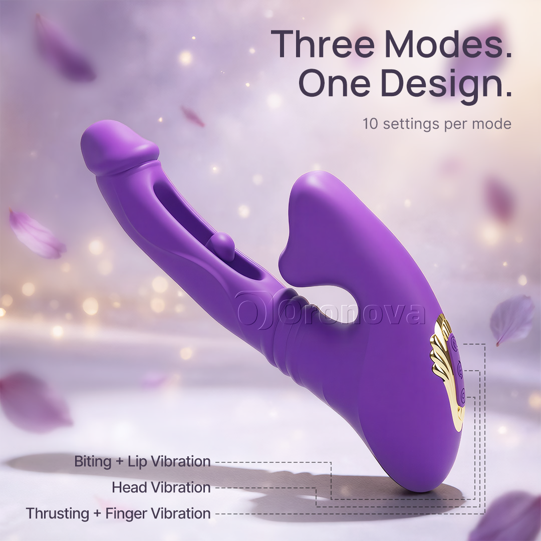 Ihålig penetrerande vibrator med fingertoppsvibration, huvudvibration och stimulering av bettläpparna