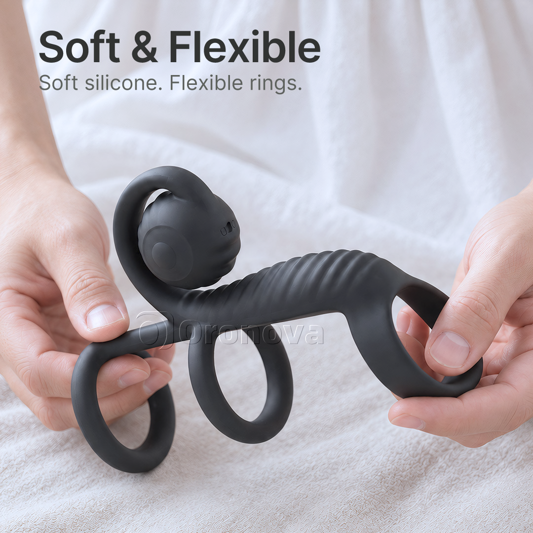 Tre ringdesign med dubbla vibrationer, fjärrkontroll och rundat vibrationshuvud