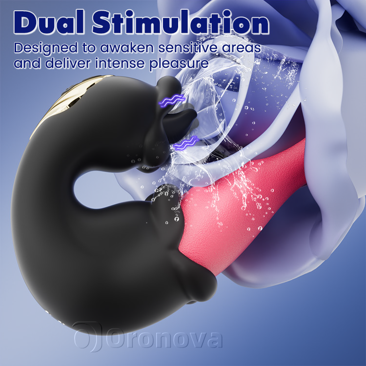 Dubbel ros vibrator med stötande skaft och slickande tunga