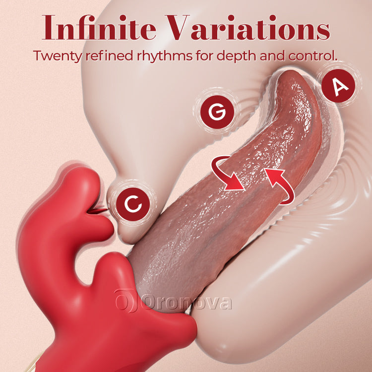 Gungande tunglickande vibrator med tungretande och oscillation