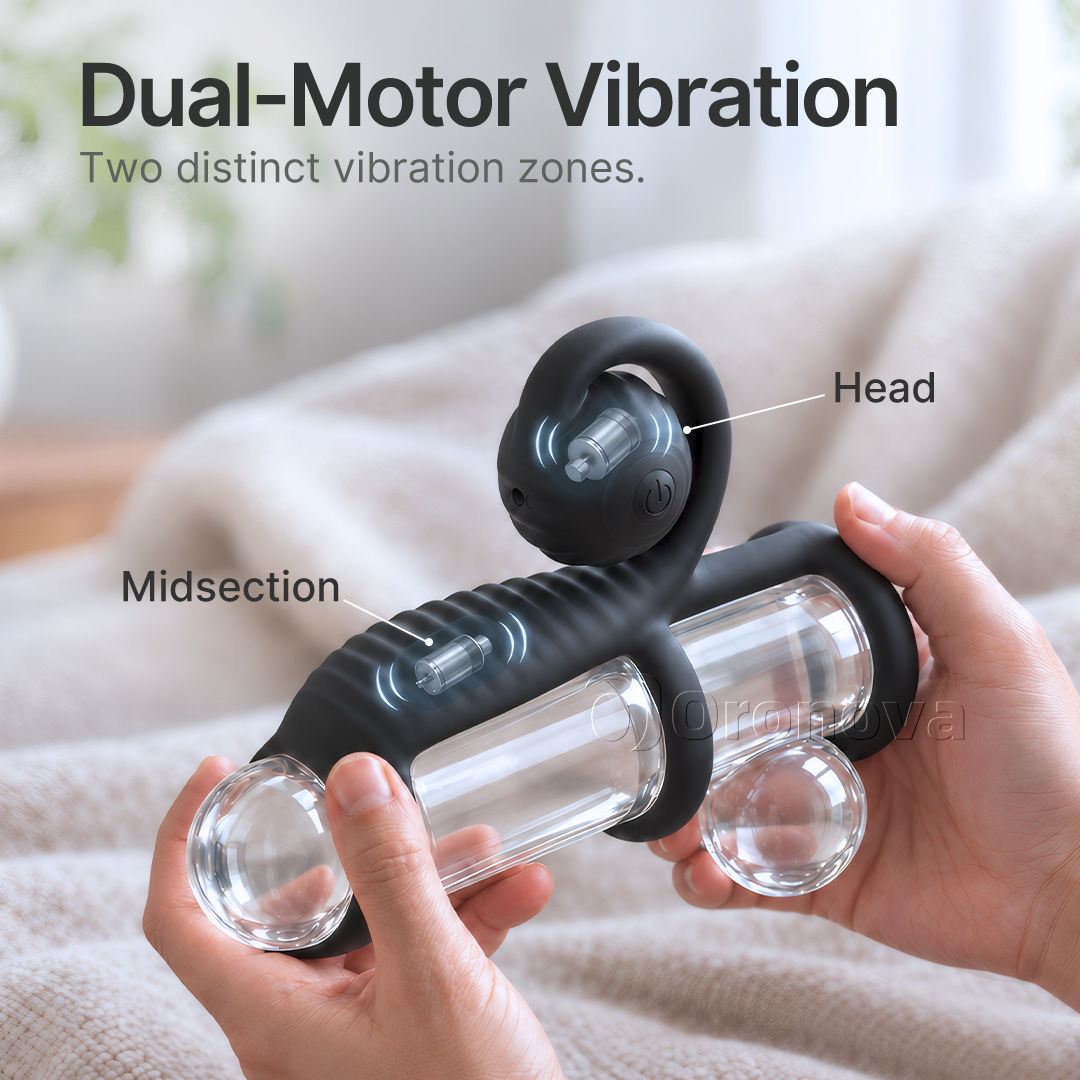Tre ringdesign med dubbla vibrationer, fjärrkontroll och rundat vibrationshuvud