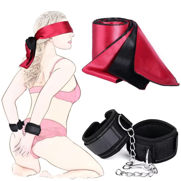 BDSM Bondage Set med Satin och Handbojor Ögonmask